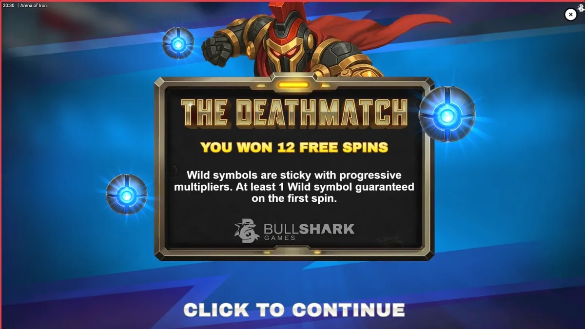 Arena of Iron slot machine interface with futuristic mechanical warrior theme