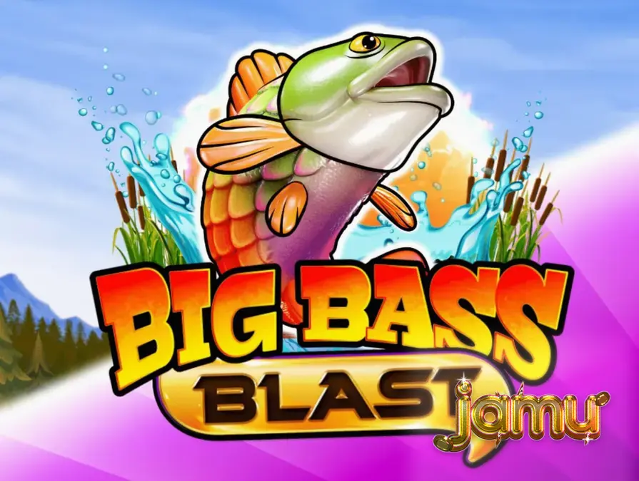Tampilan layar permainan slot Big Bass Blast dengan elemen futuristik dan simbol memancing.